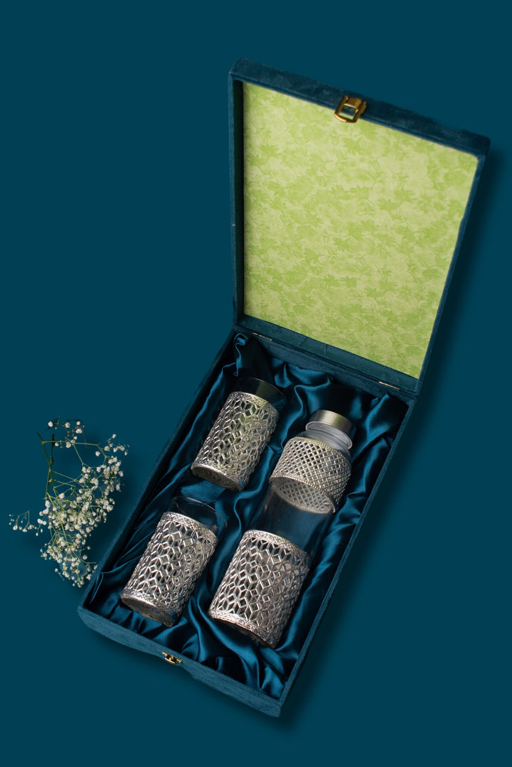 German Silver Plated Glass Bottle Set (1 Litre)