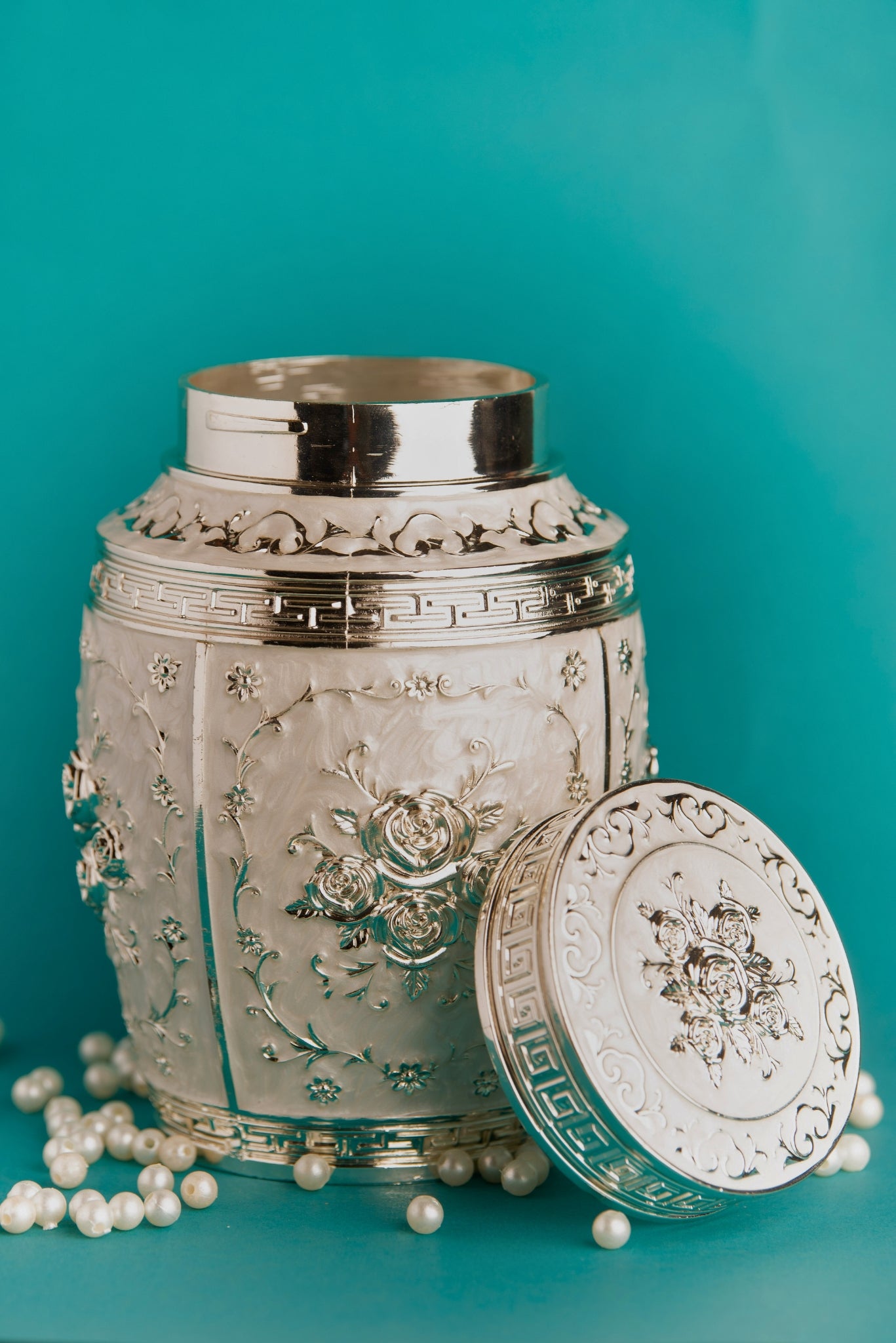 Rajsi Floral German Silver Jar – White Finish