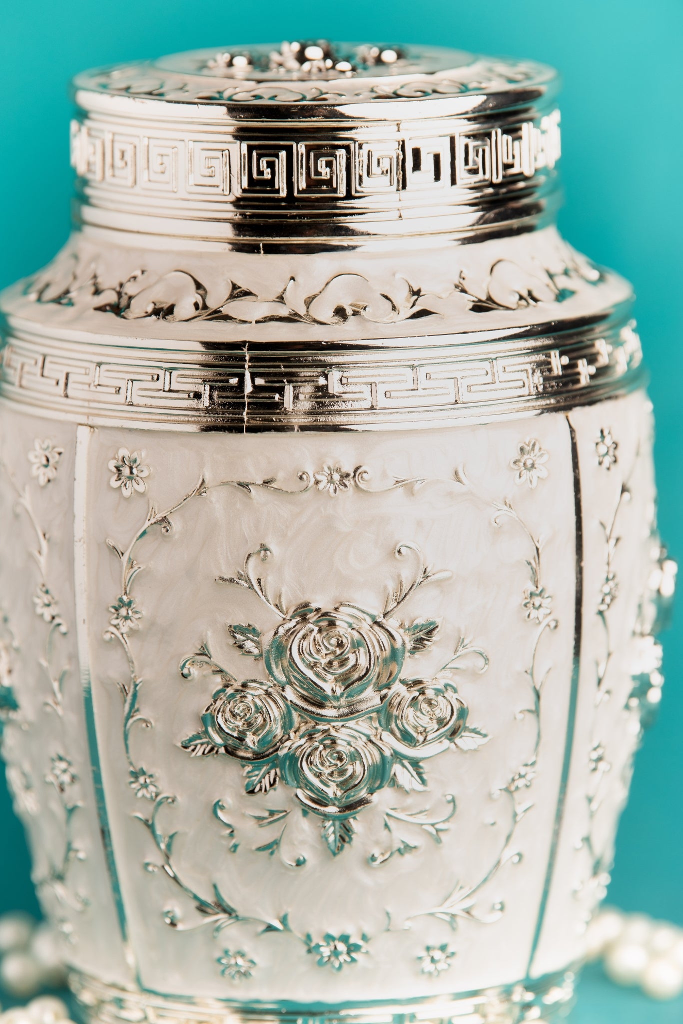 Rajsi Floral German Silver Jar – White Finish