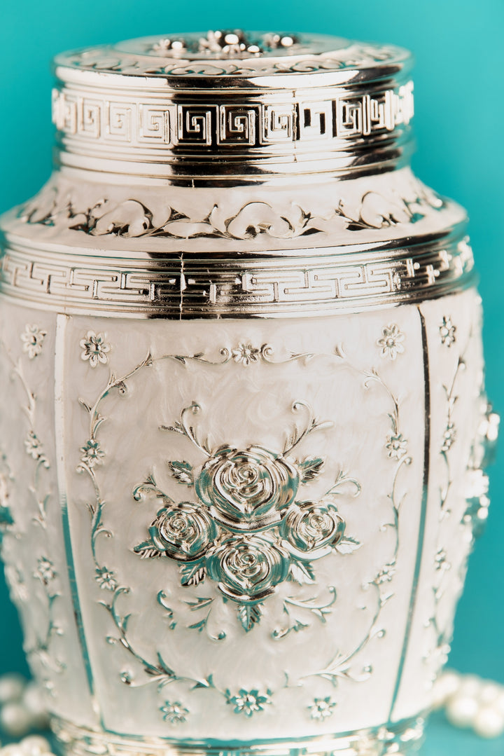 Rajsi Floral German Silver Jar – White Finish