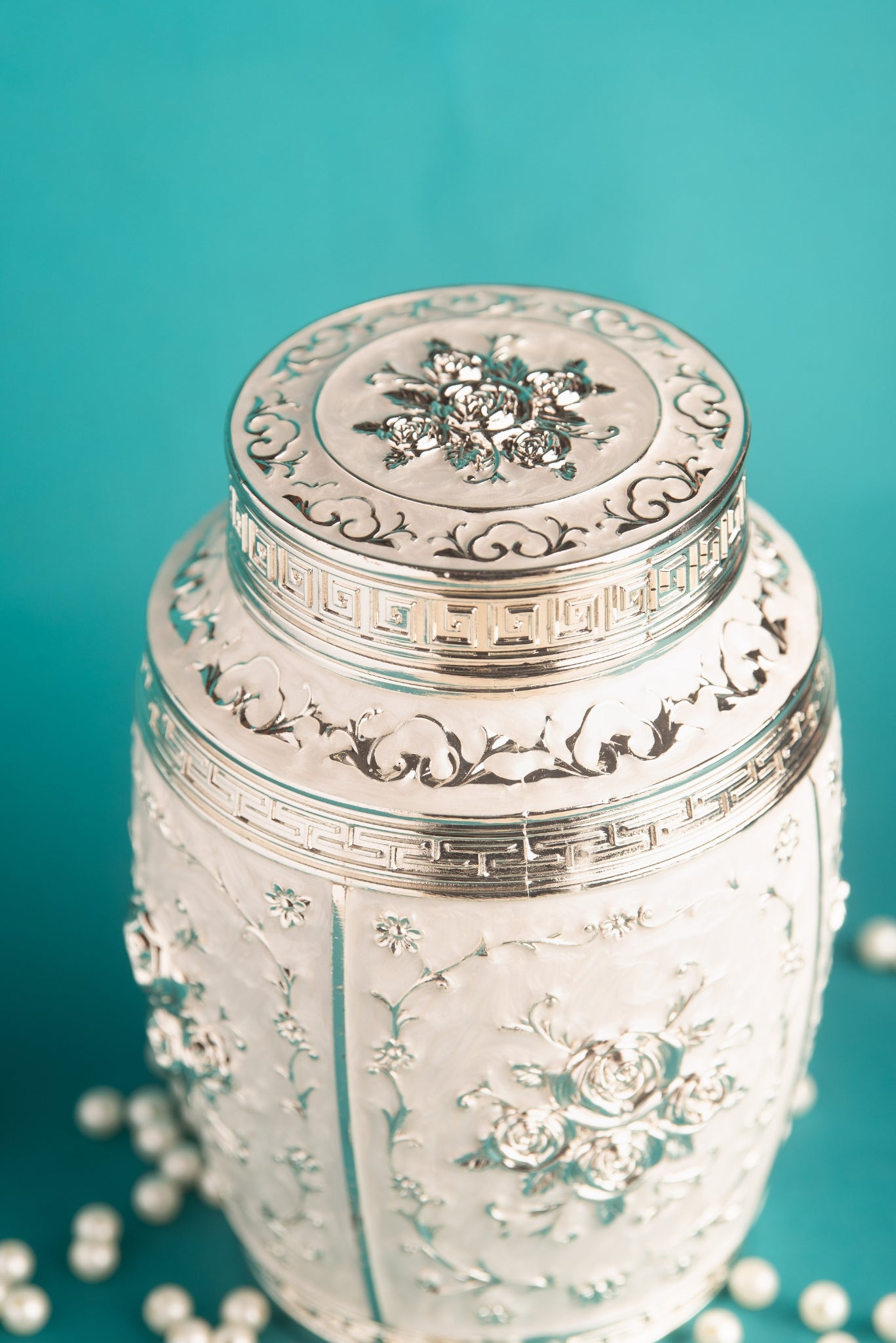 Rajsi Floral German Silver Jar – White Finish