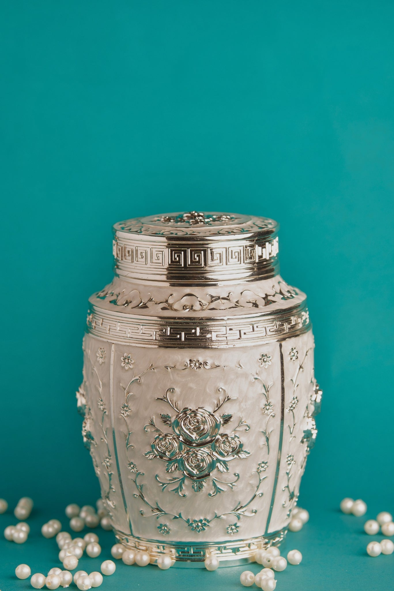 Rajsi Floral German Silver Jar – White Finish