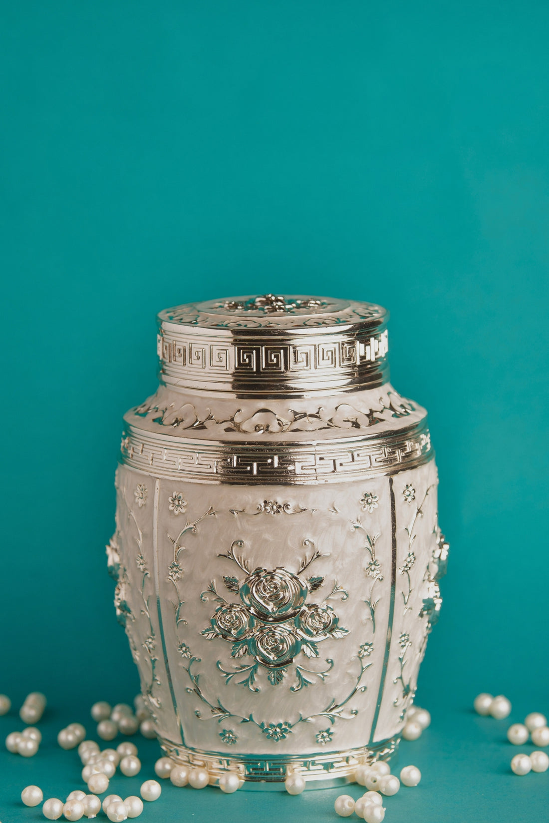 Rajsi Floral German Silver Jar – White Finish
