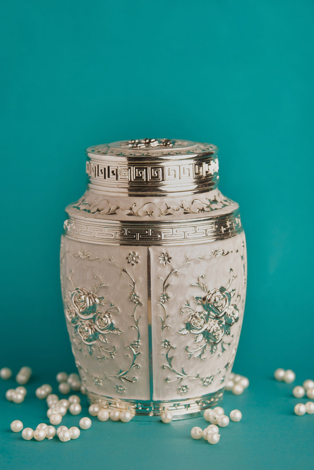 Rajsi Floral German Silver Jar – White Finish