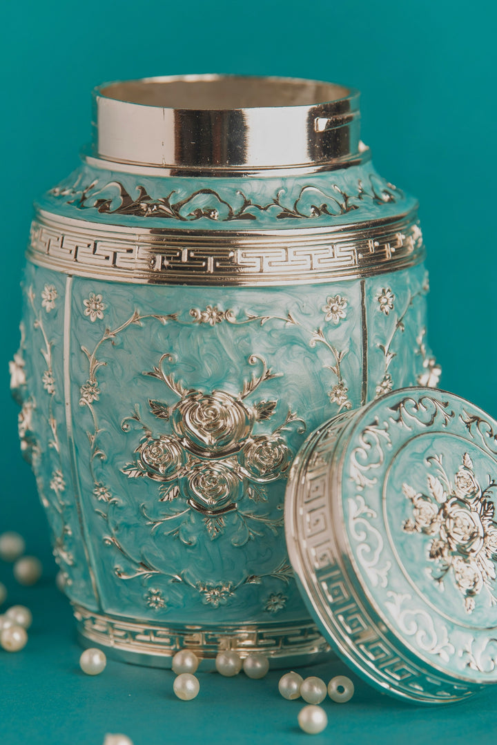 Rajsi Floral German Silver Jar – Green Finish