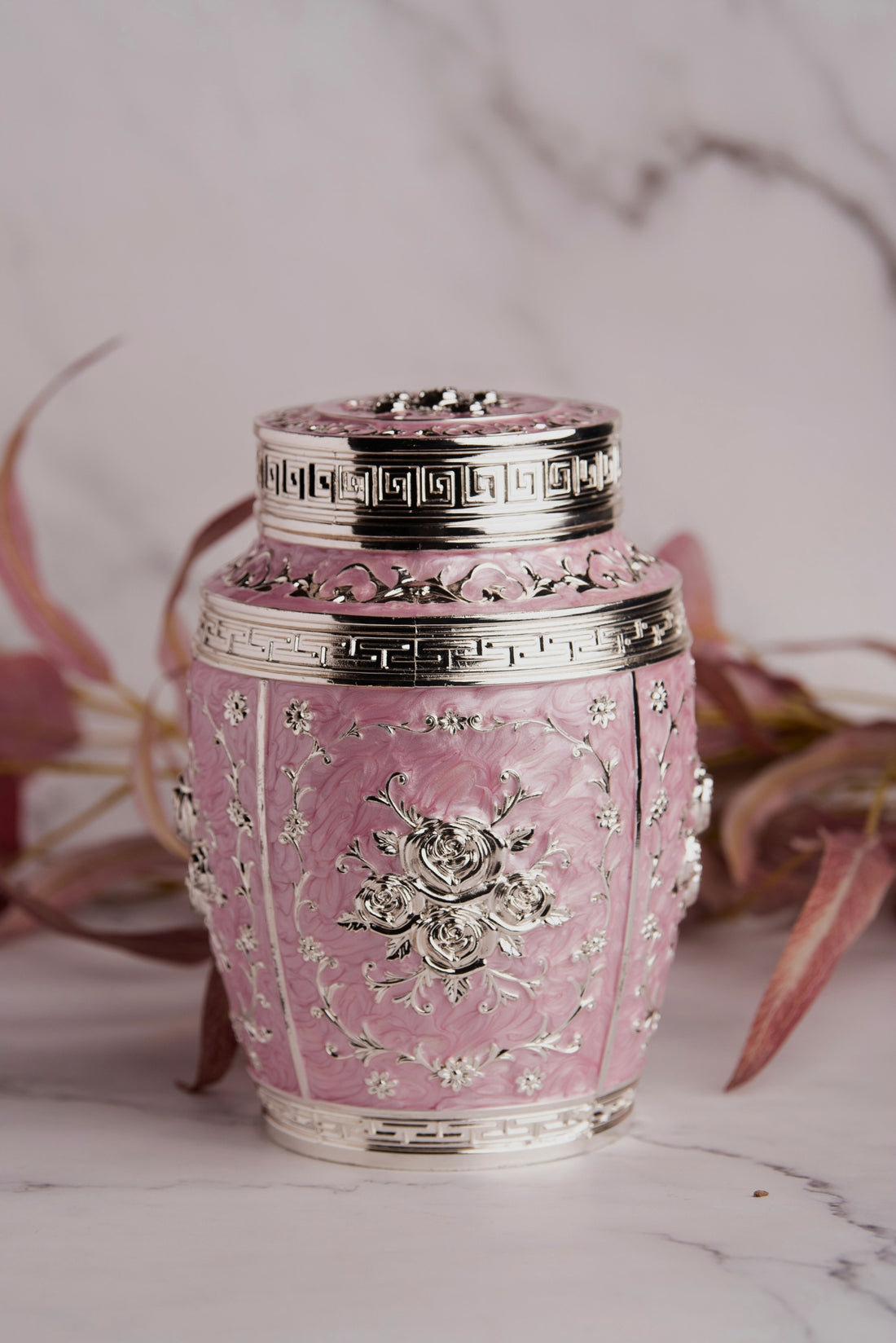 Rajsi Floral German Silver Jar – Pink Finish
