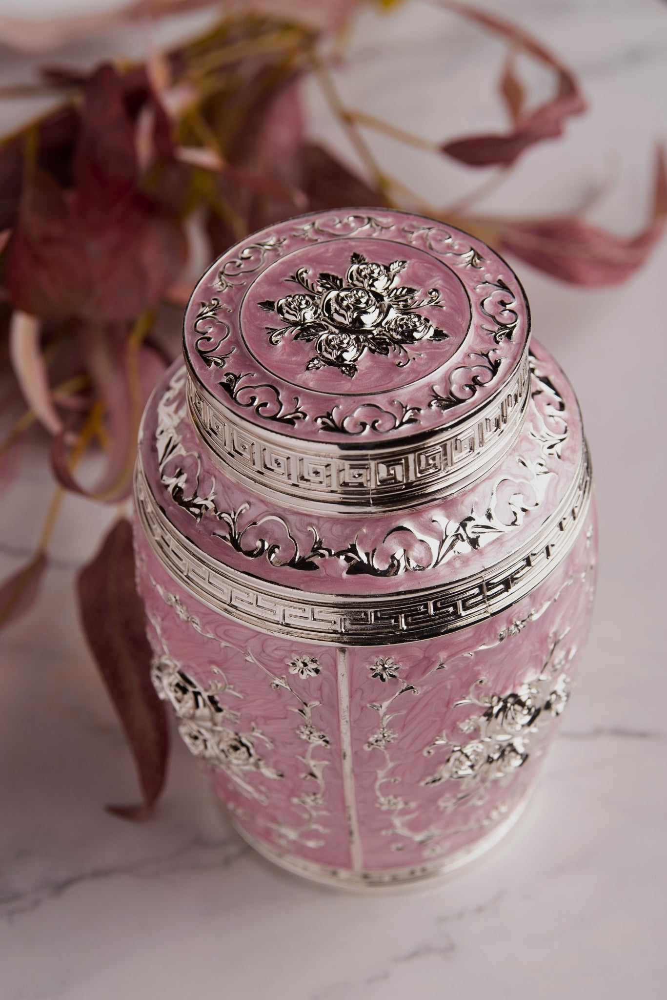 Rajsi Floral German Silver Jar – Pink Finish