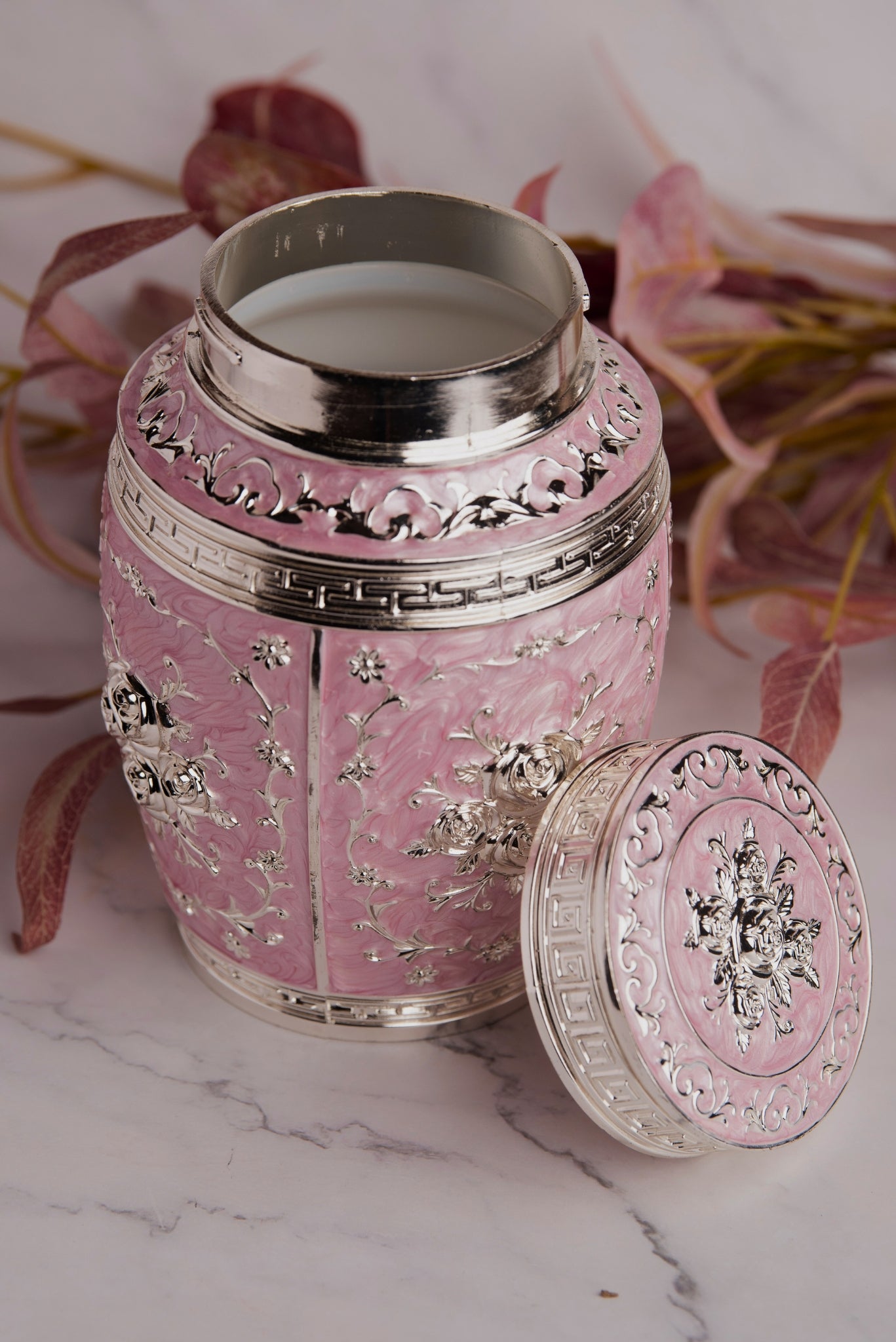 Rajsi Floral German Silver Jar – Pink Finish