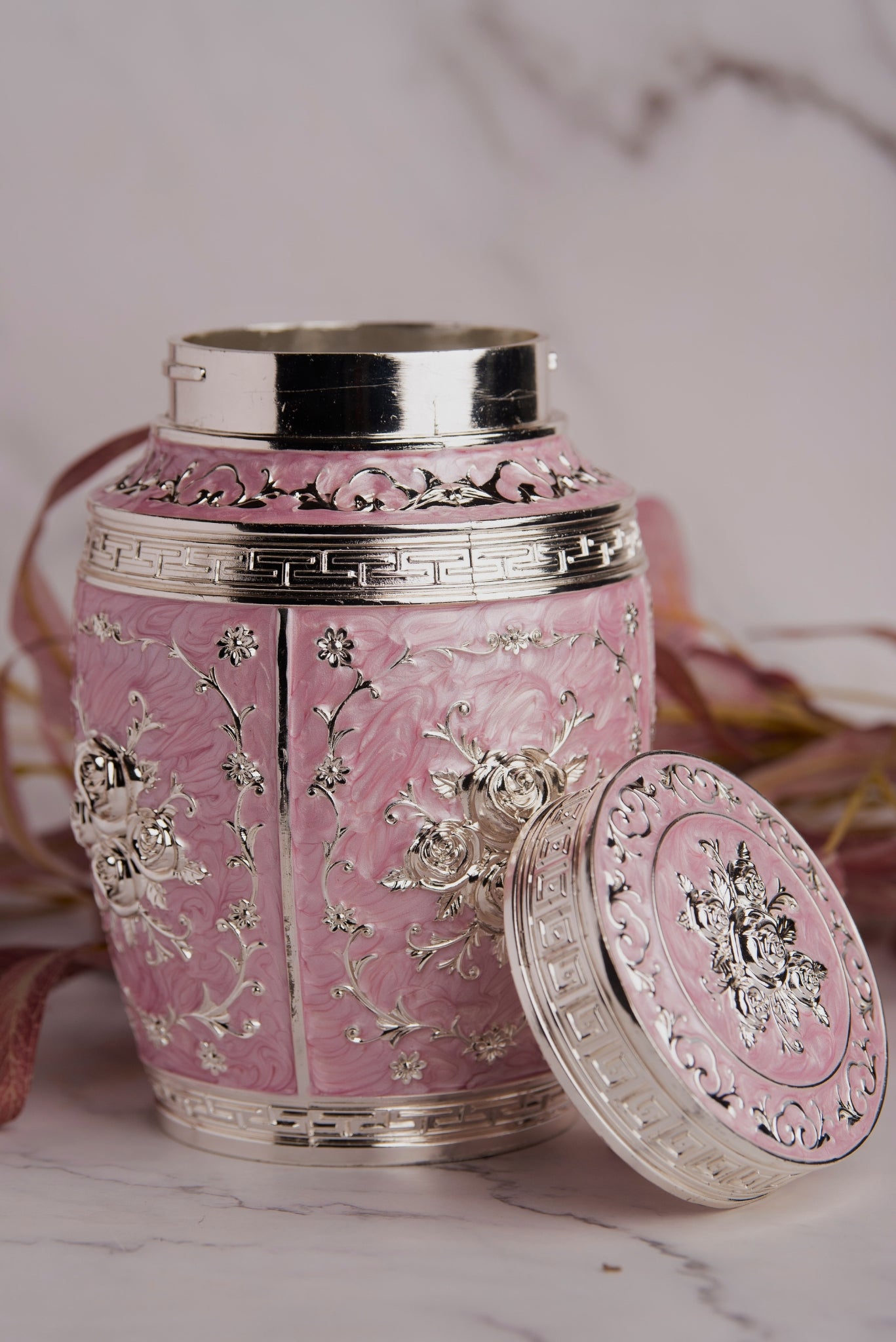 Rajsi Floral German Silver Jar – Pink Finish