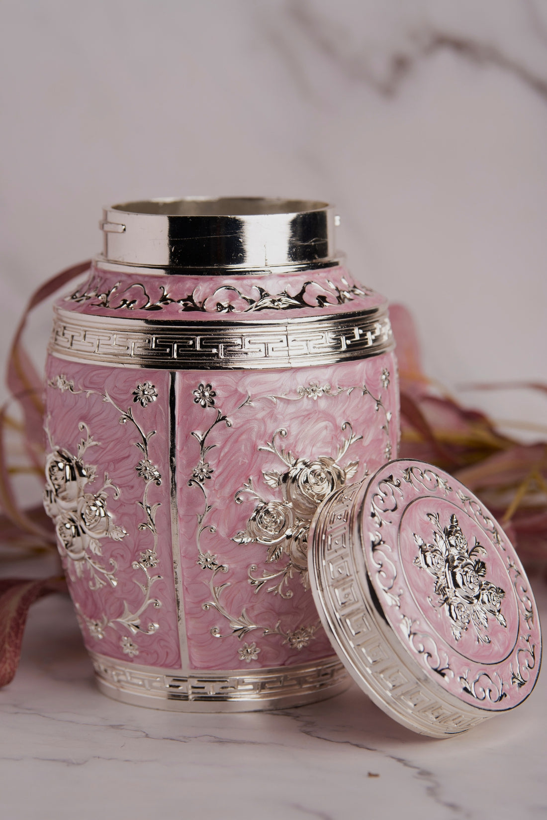 Rajsi Floral German Silver Jar – Pink Finish