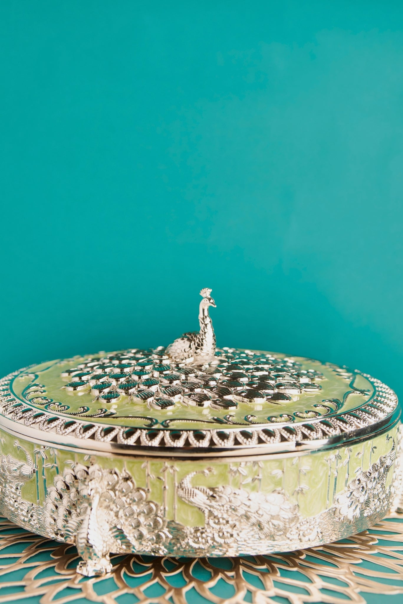 Peacock Round Dryfruit Box – Green Finish