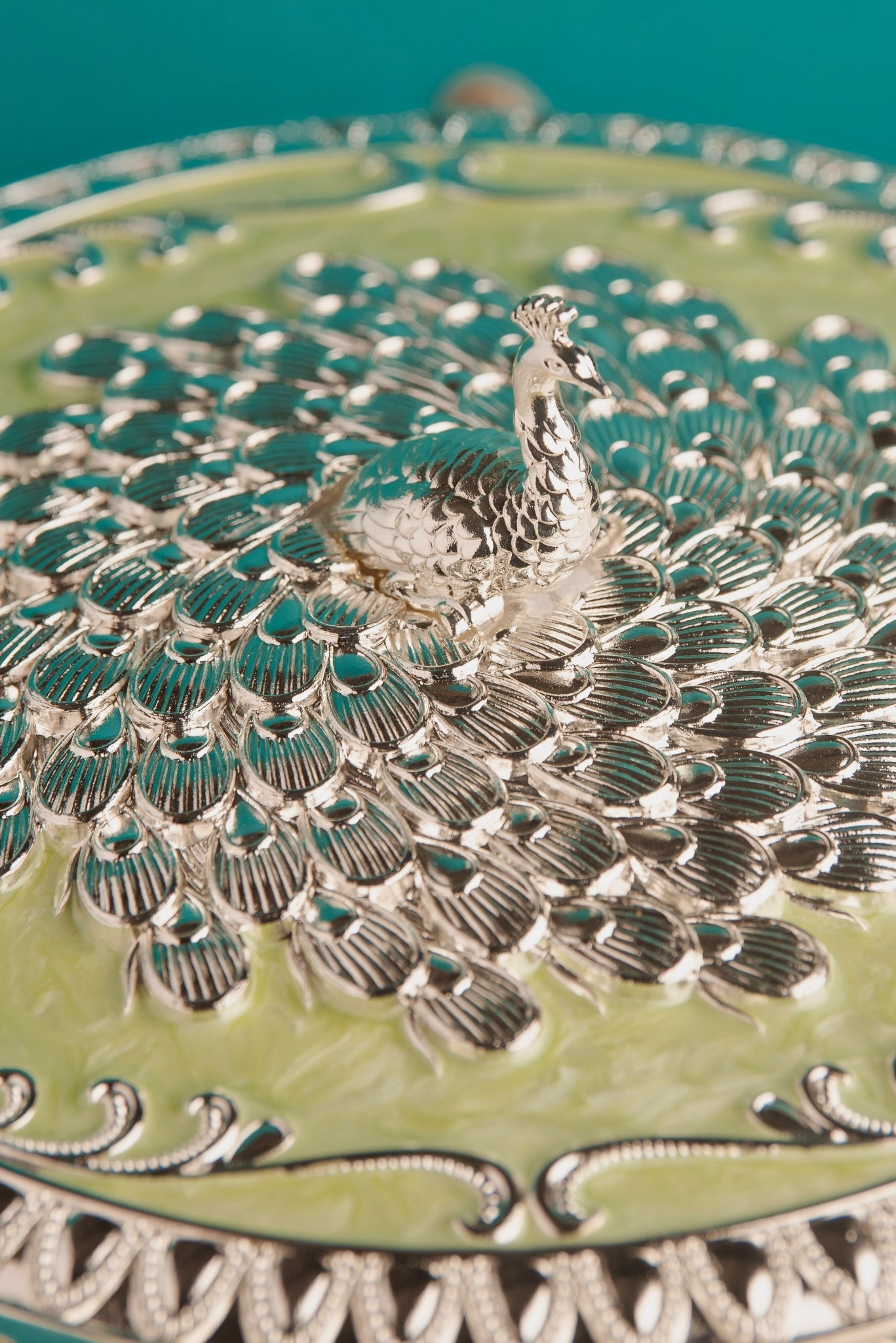 Peacock Round Dryfruit Box – Green Finish