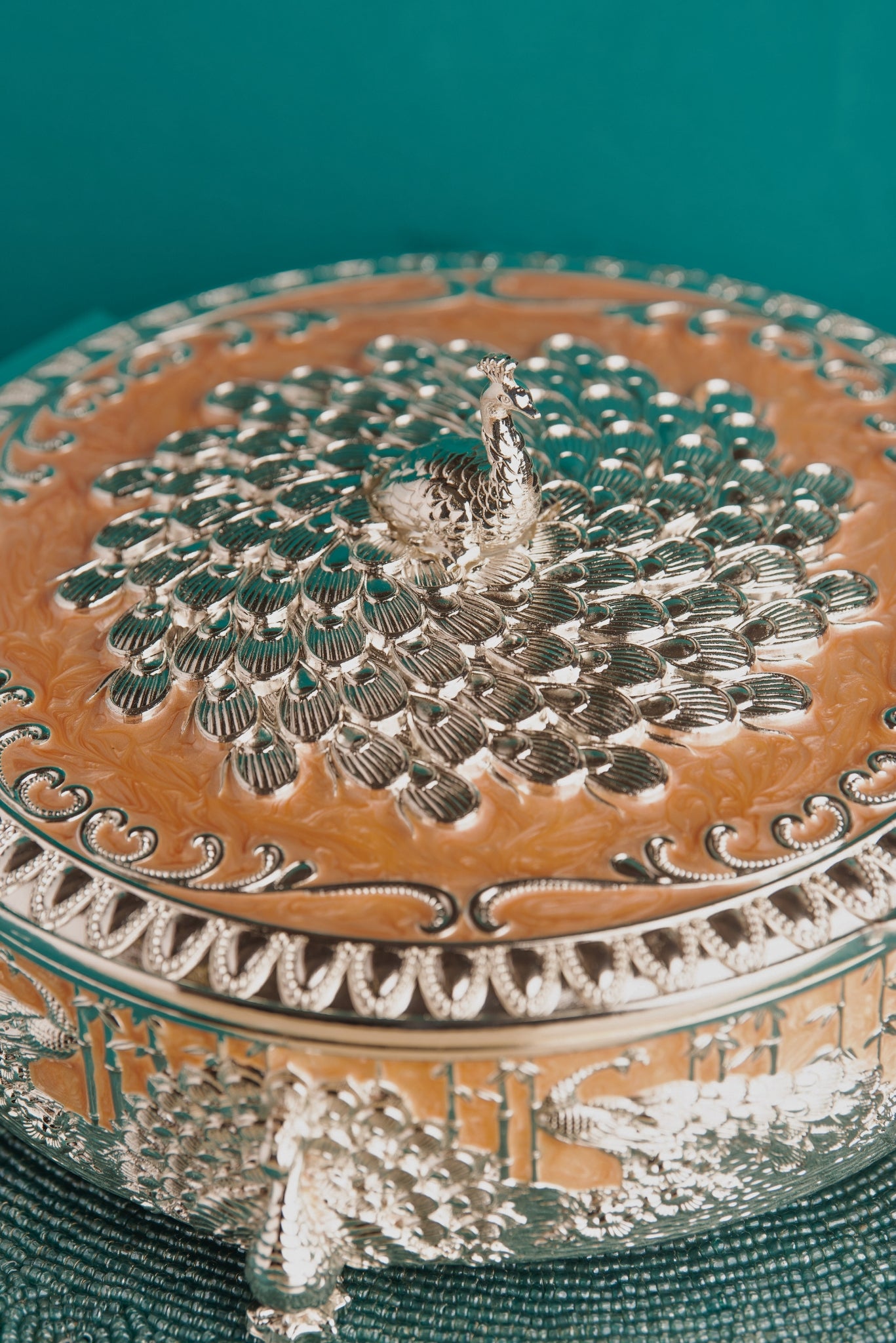 Peacock Round Dryfruit Box – Peach Finish