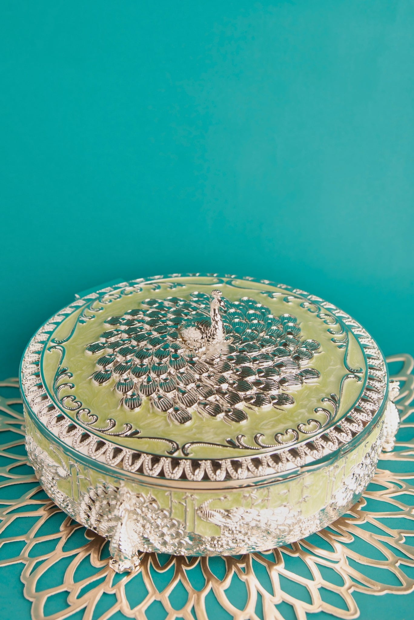 Peacock Round Dryfruit Box – Green Finish