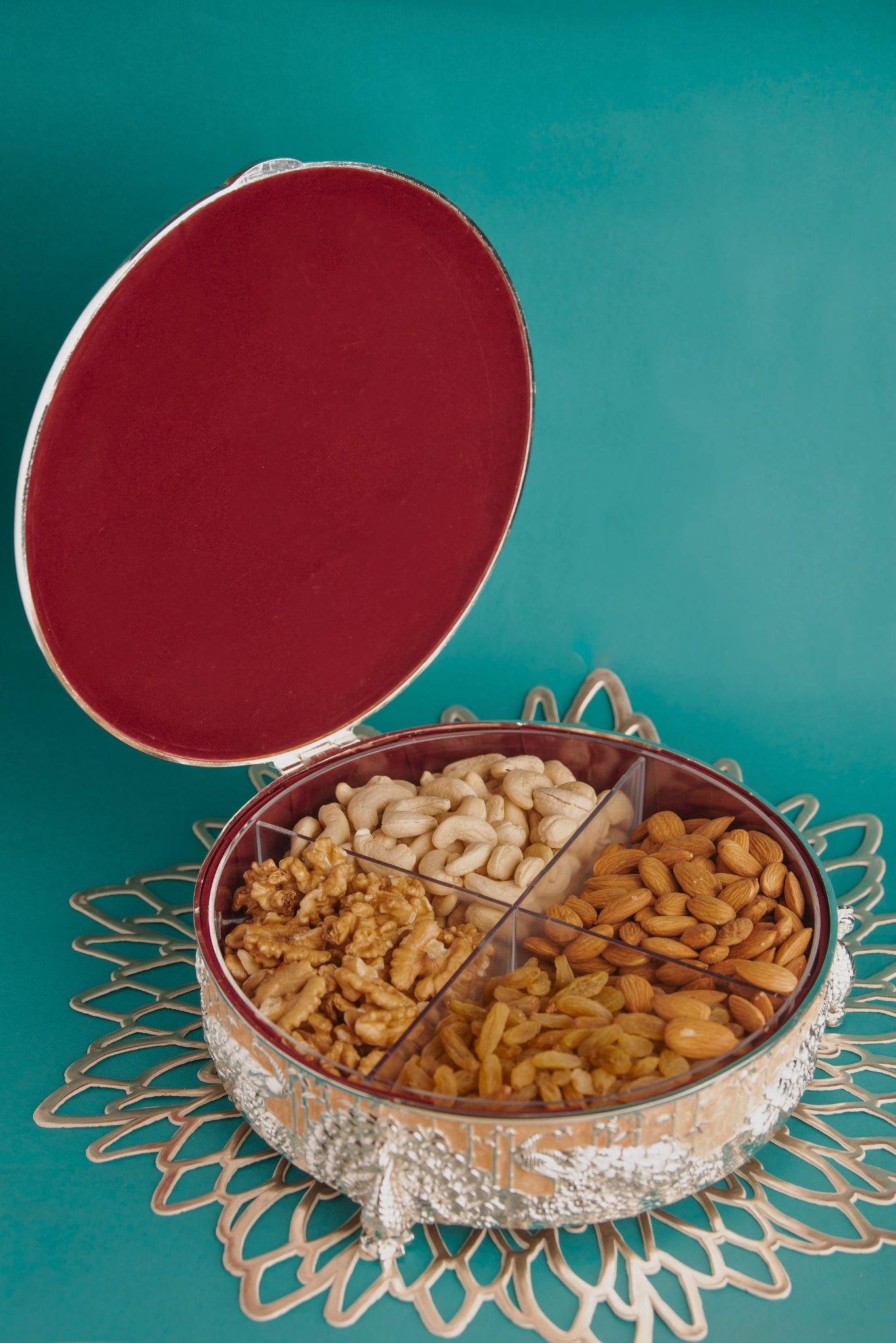 Peacock Round Dryfruit Box – Peach Finish