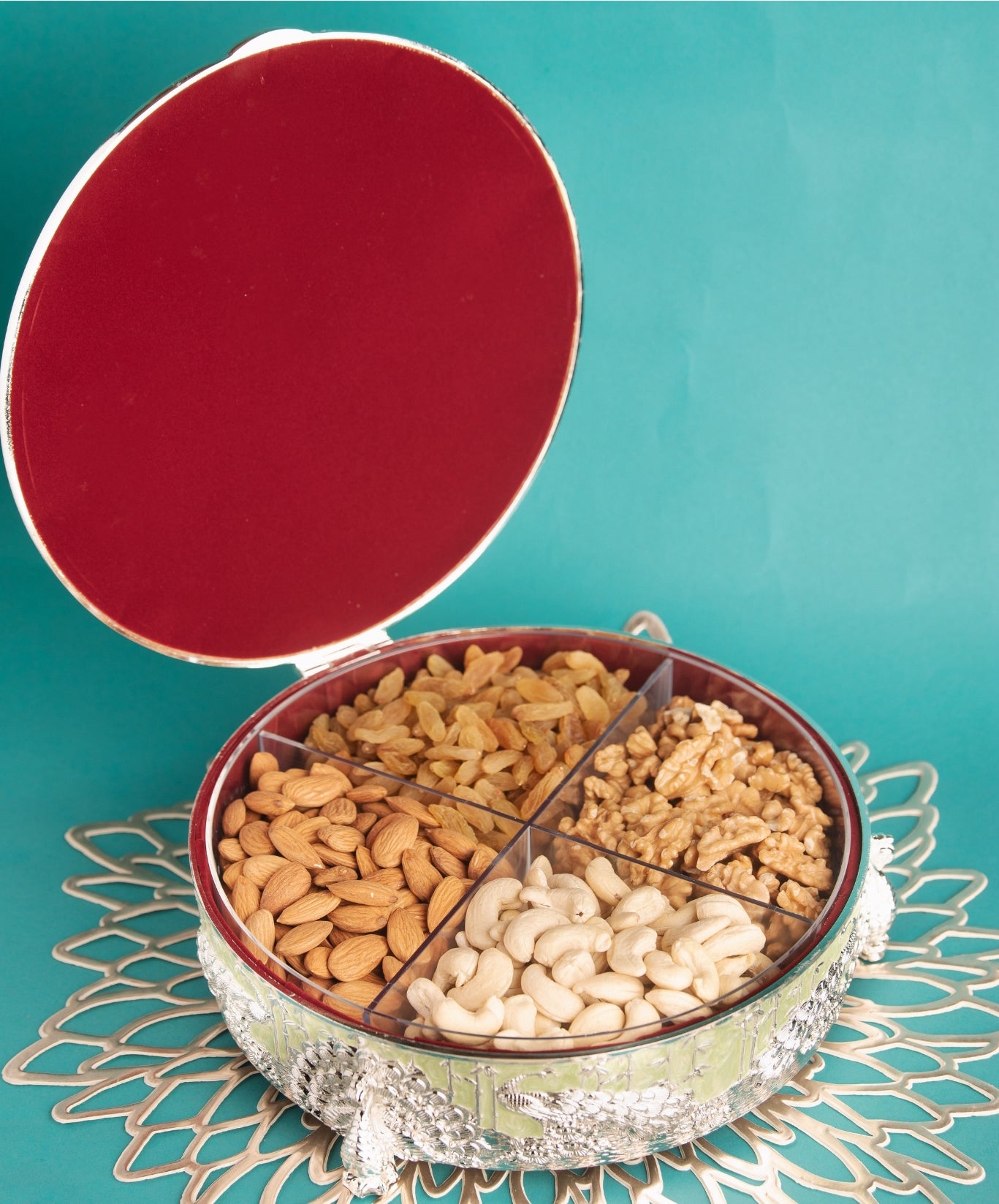 Peacock Round Dryfruit Box – Green Finish