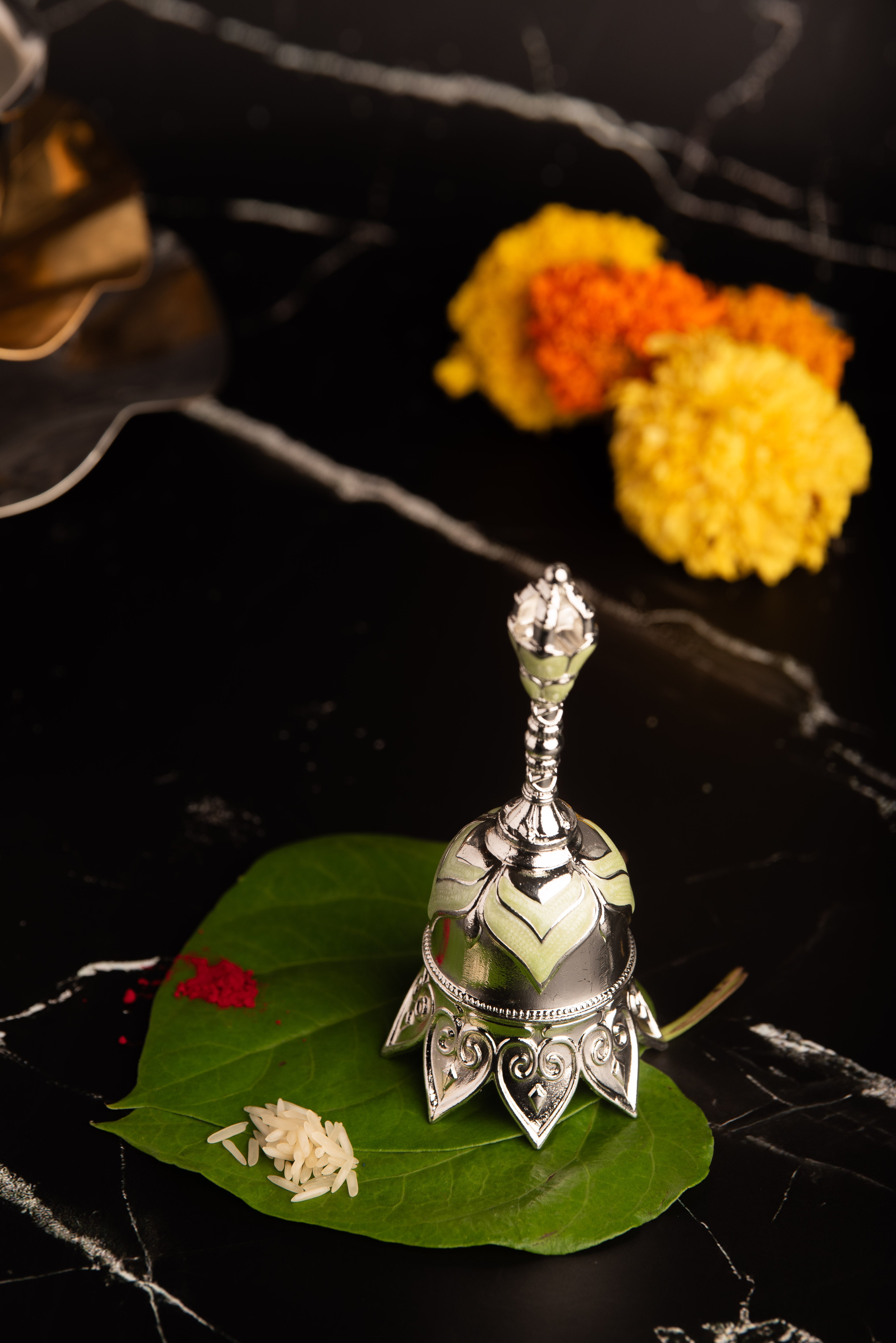 Luxury Silver Pooja Bell with Enamel Finish