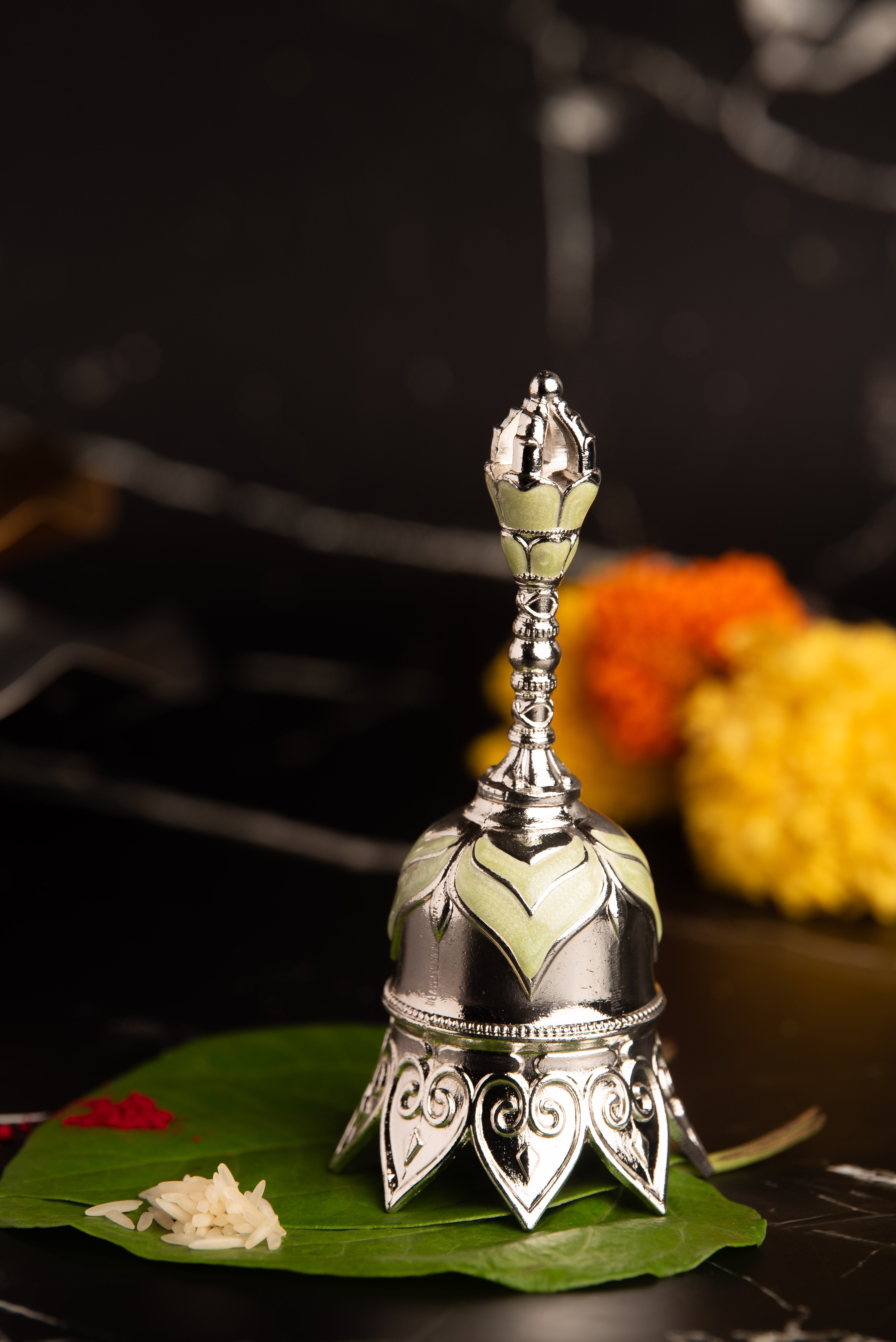 Luxury Silver Pooja Bell with Enamel Finish