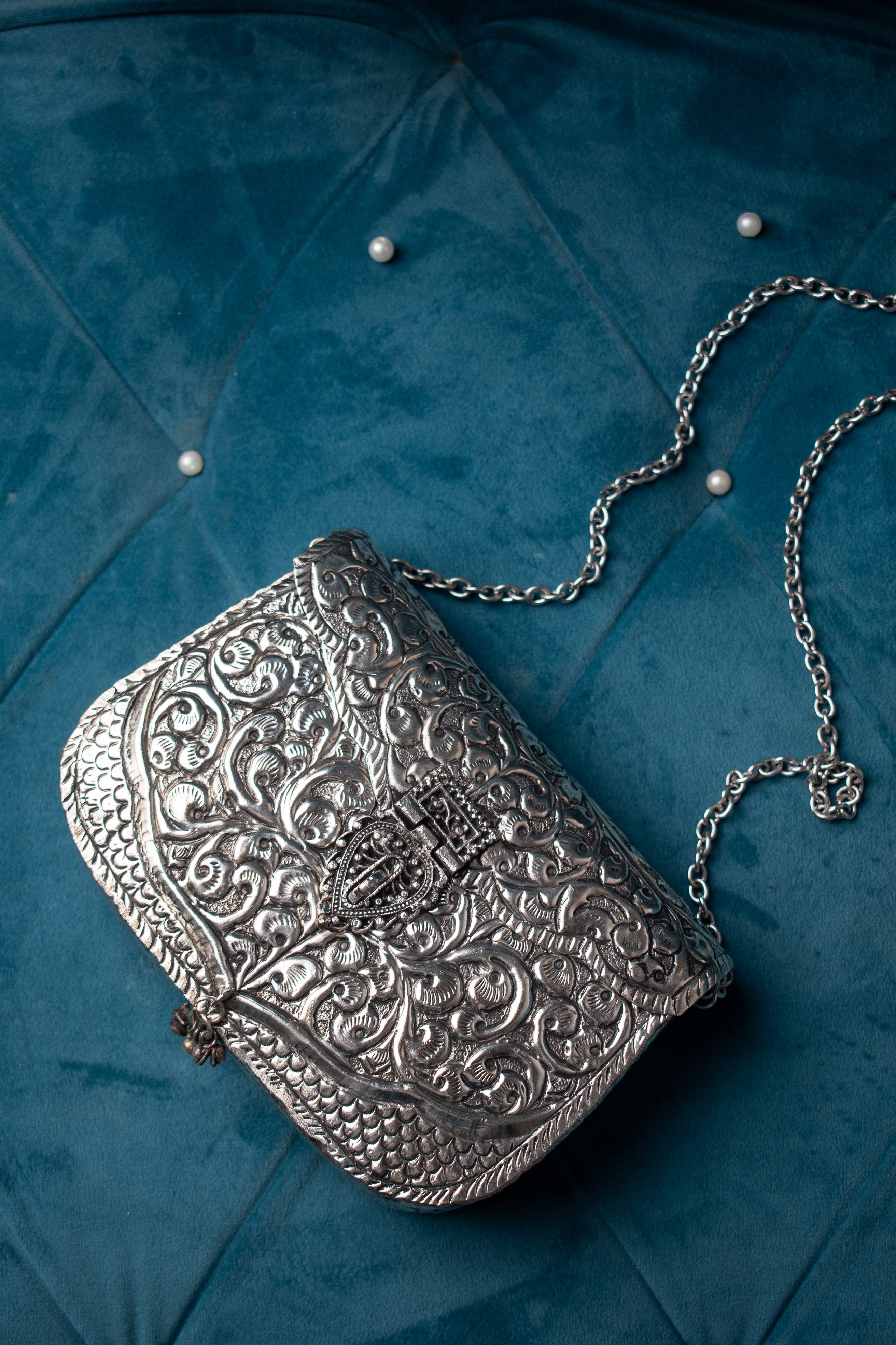 Pure Handcrafted Antique Silver Metal Clutch Bag